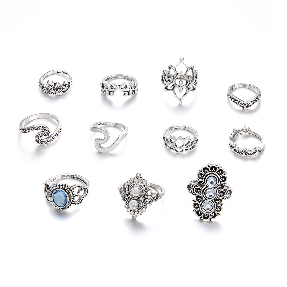 Women's Boho Opal Rings Set, 11 Pcs