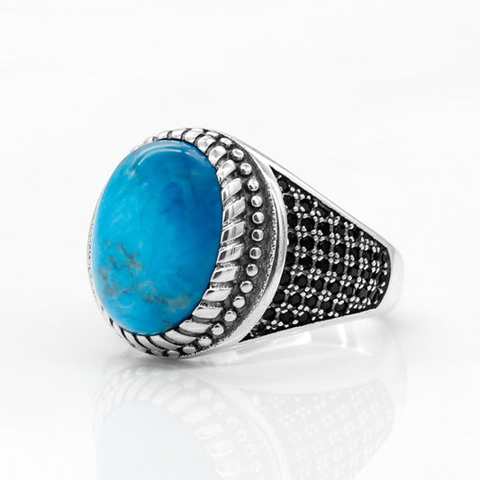 Men's 925 Sterling Silver Ring with Blue Natural Stone